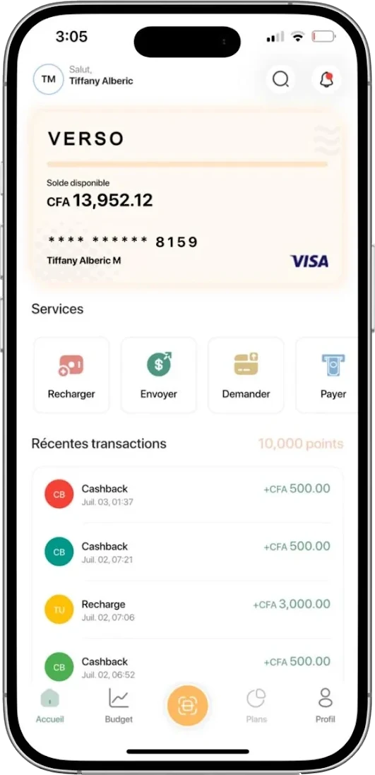 Écran d'accueil de l'application Verso